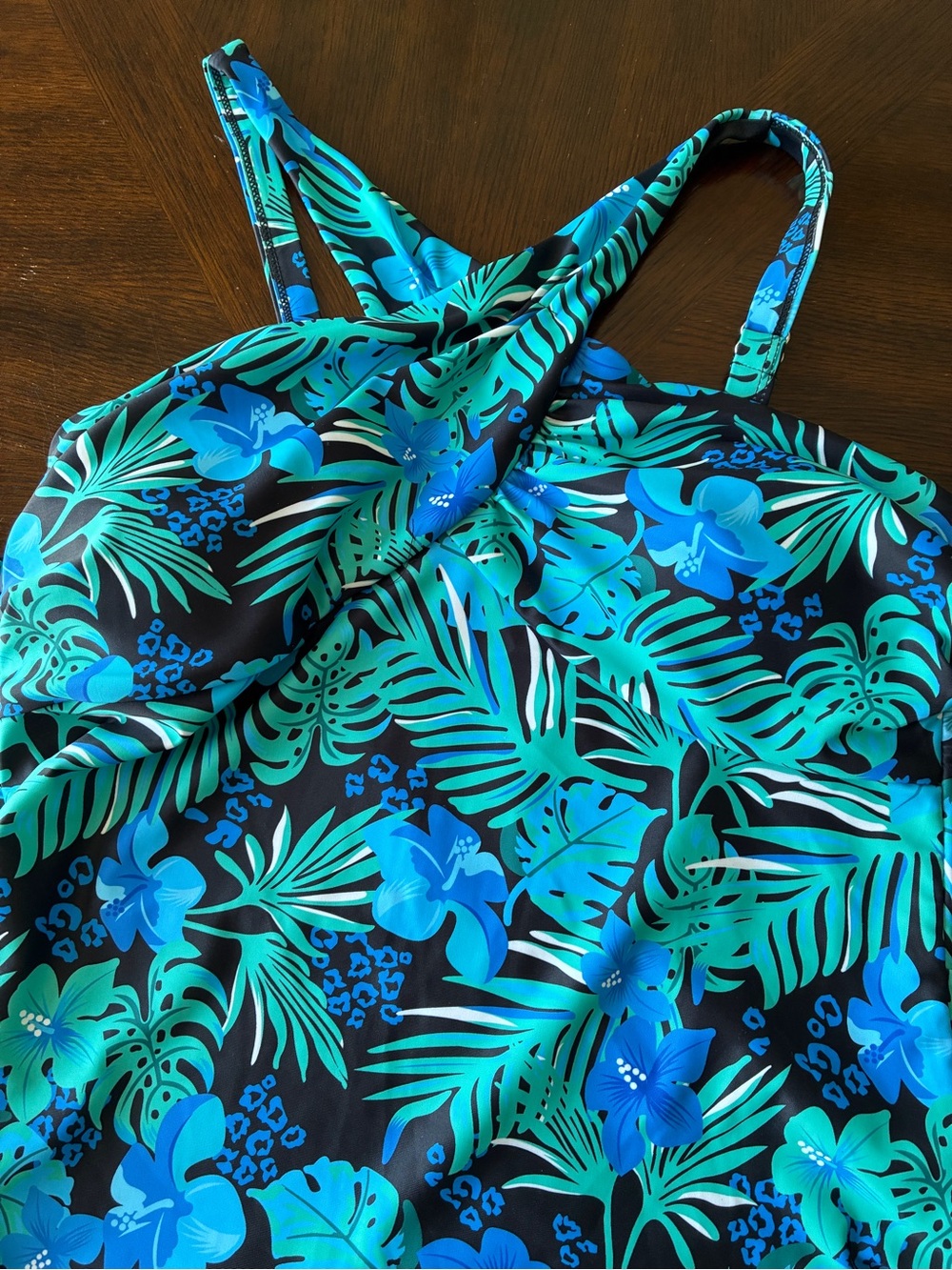 Tropical Blue Floral Skirted Swimdress w black shorts